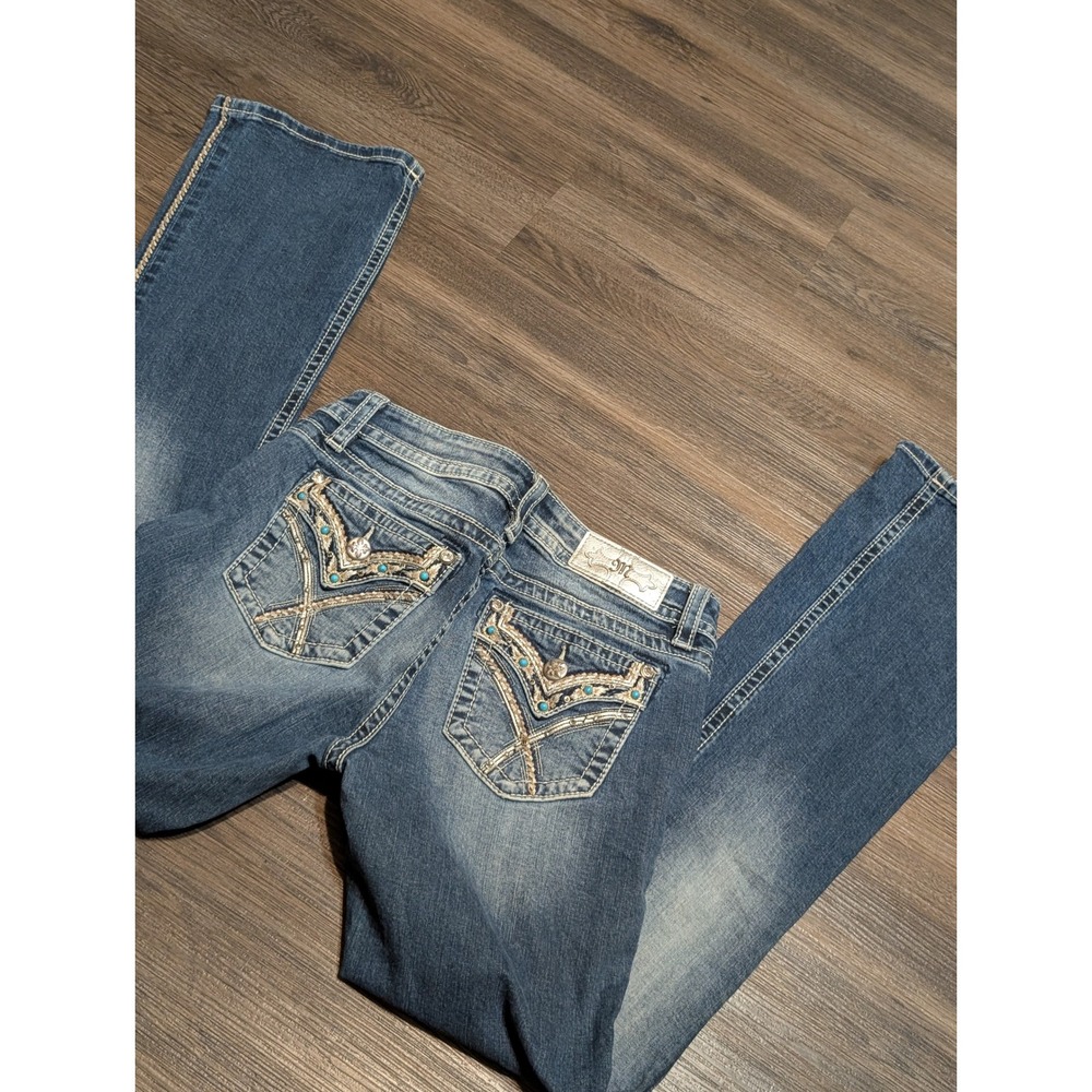 Miss Me Chloe Boot Jeans Womens 29 Medium Wash Turquoise Rhinestone M3444B5 Y2K